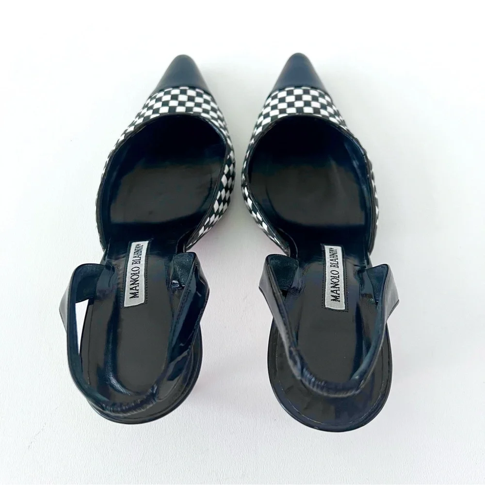 MANOLO BLAHNIK | Carolyne Cap Toe Woven Leather SlingBack Pointed Pumps - Picture 7 of 16